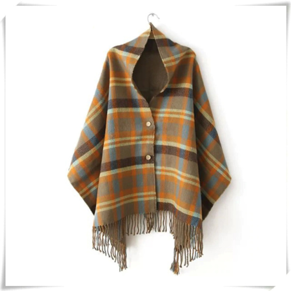 Accessories - Plaid Woven Khaki Fuzzy Soft Ruana Shawl Poncho Scarf with Fringe One Size